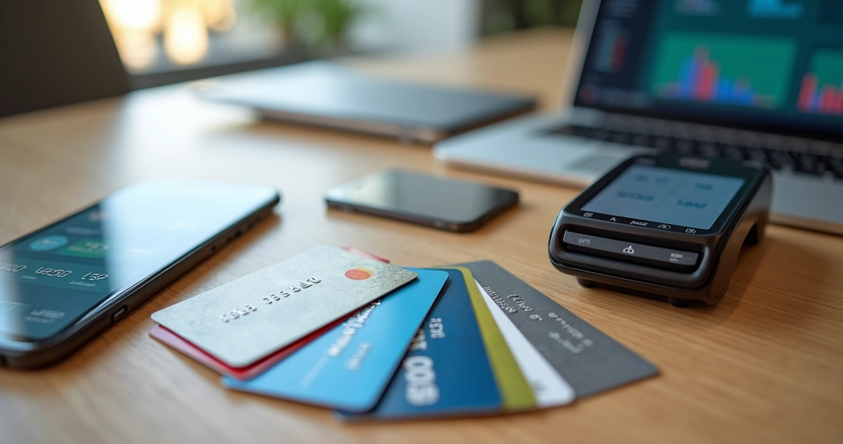 Cartões de crédito com diferentes bandeiras sobre mesa ao lado de notebook e maquininha de cartão 