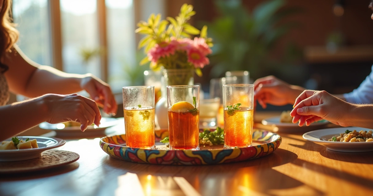 Bandeja colorida com copos e bebidas em uma mesa 