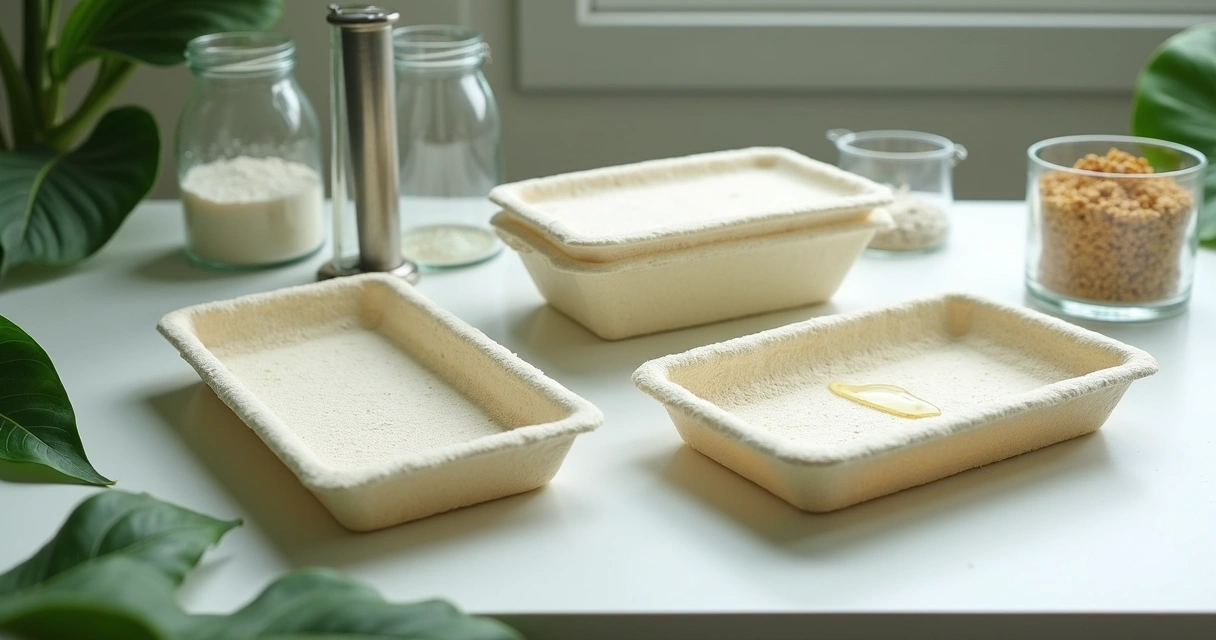 Bandejas biodegradáveis com fibra vegetal sobre bancada de laboratório 