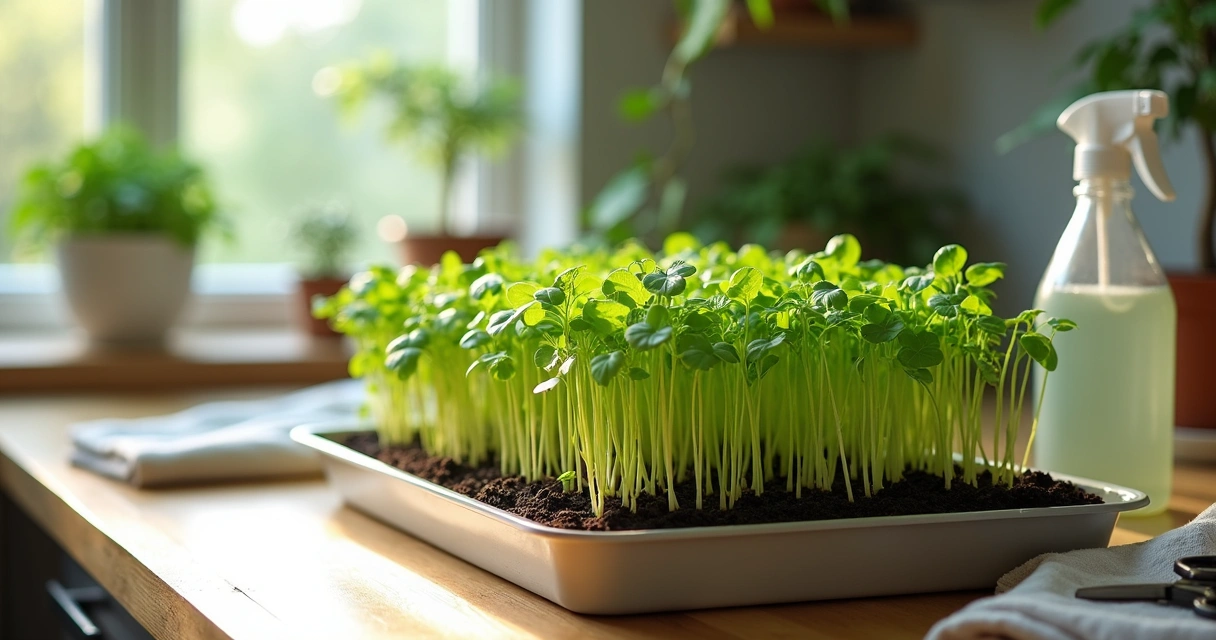 Bandeja com microverdes de moringa em bancada iluminada