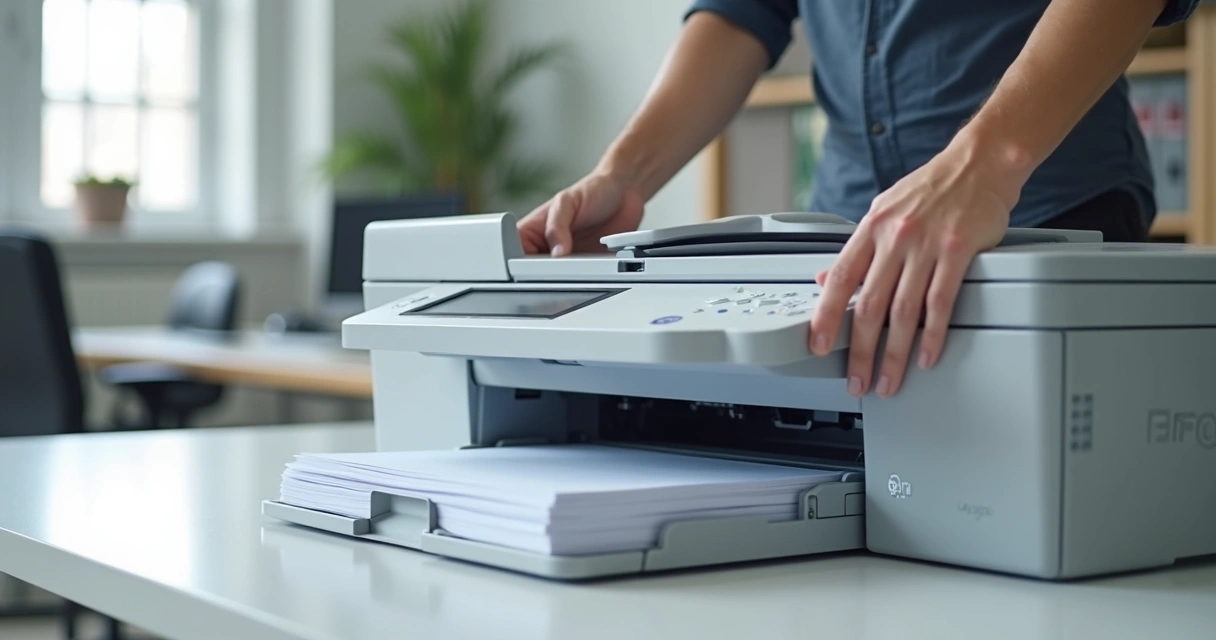 Funcionário ajustando cuidadosamente bandeja de papel em impressora empresarial 