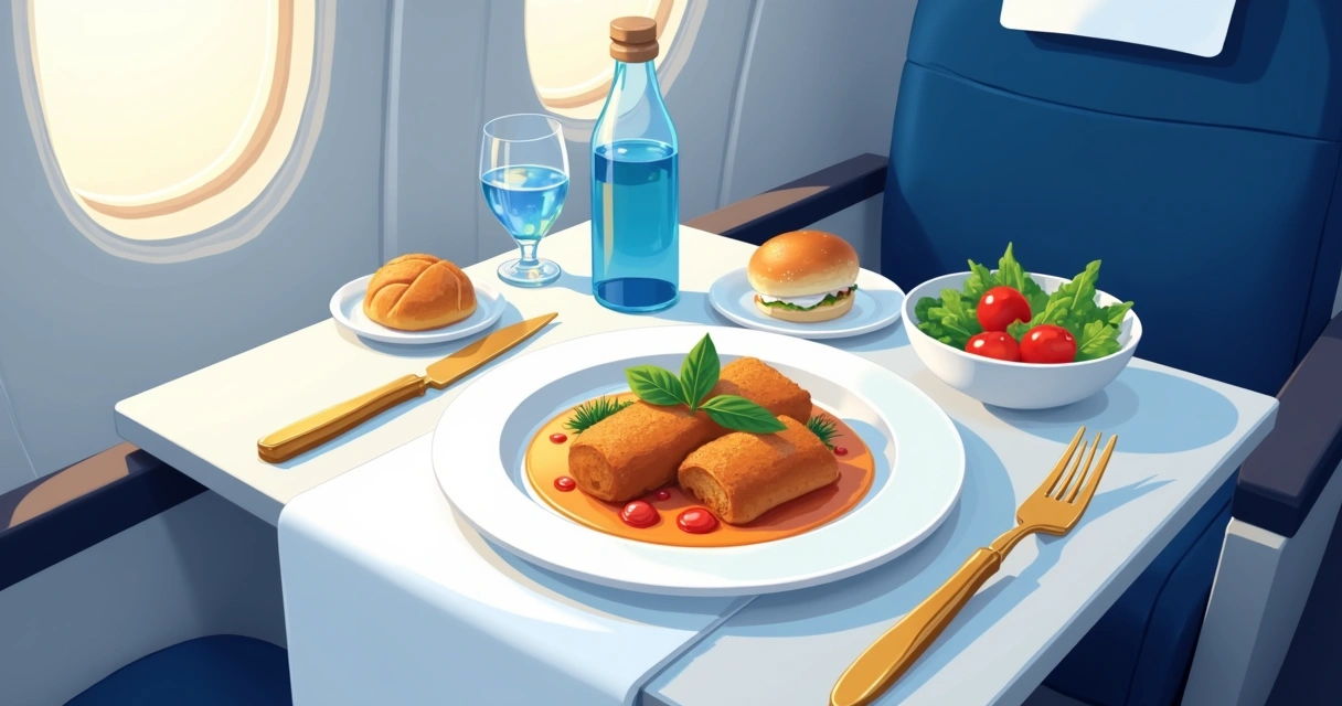 Bandeja pronta com refeição premium servida em cabine moderna 