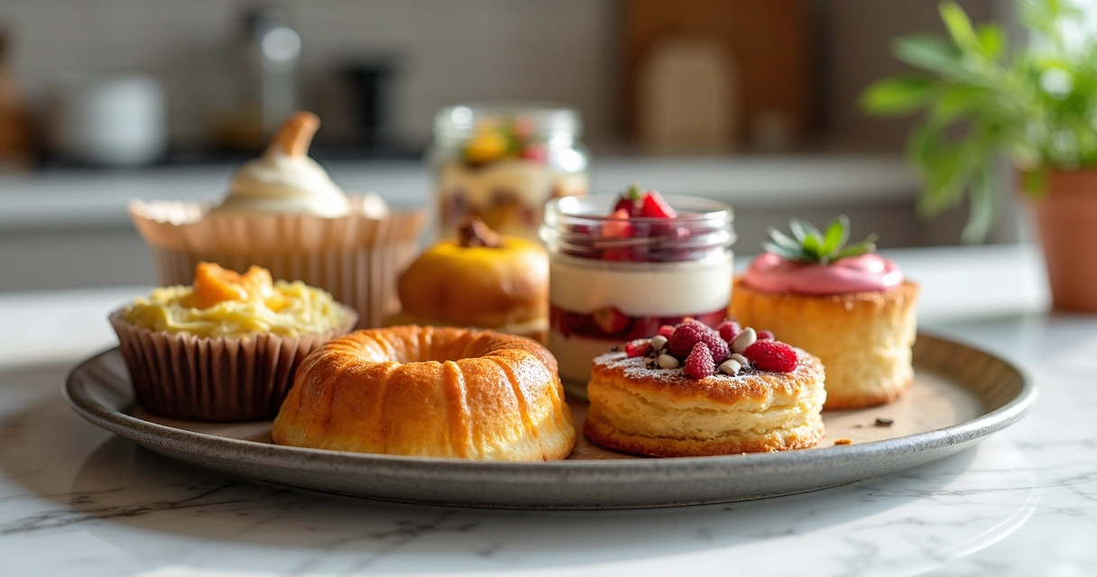 Bandeja com salgados, bolos e doces em embalagens para delivery 