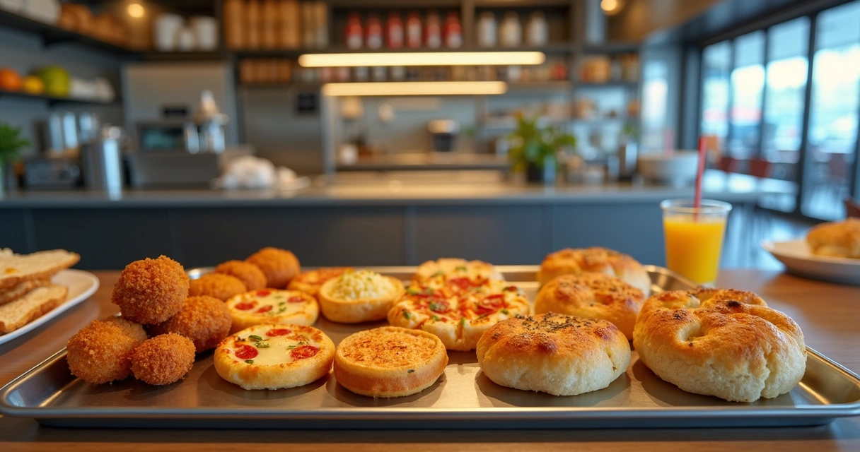 Bandeja com diversos salgados em balcão de lanchonete organizada 