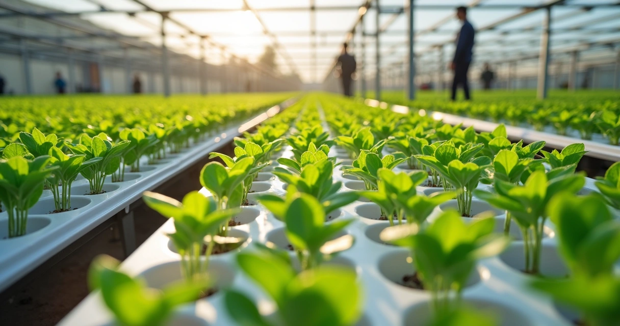 Bandejas plásticas organizando mudas em viveiro moderno 