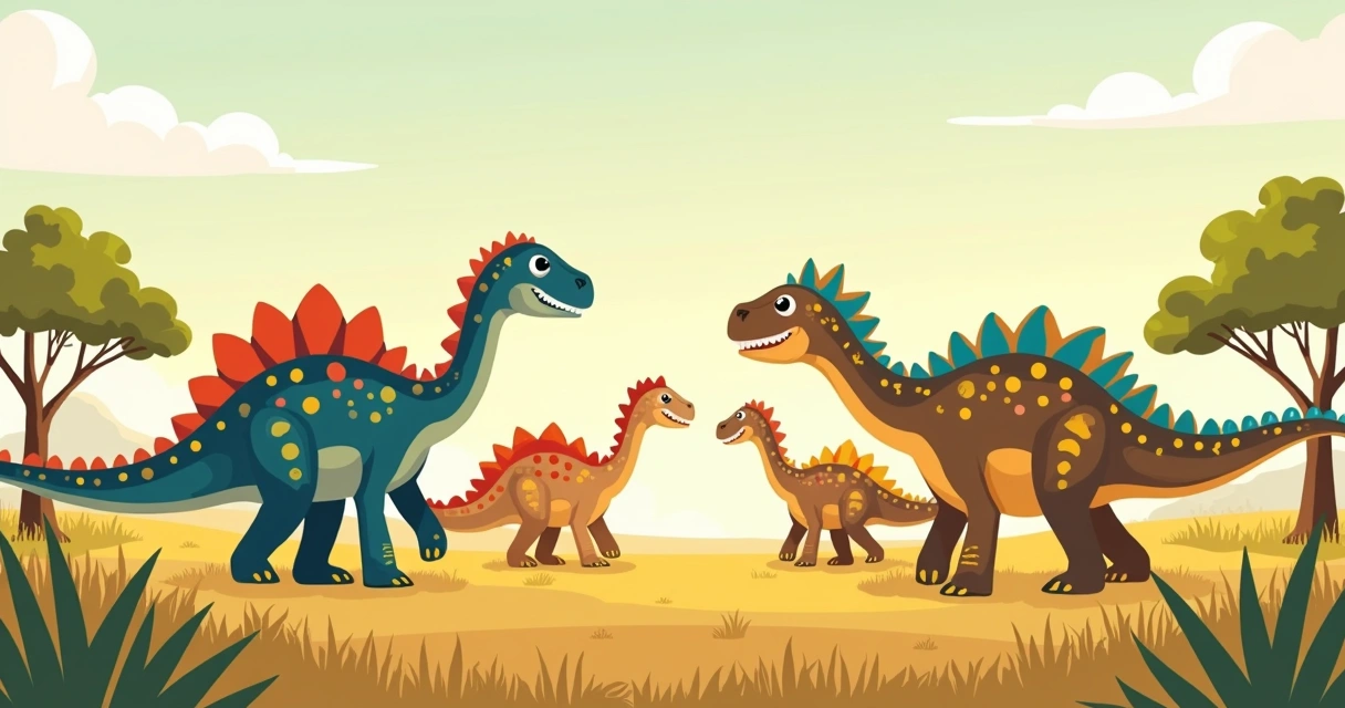 Grupo de dinossauros com manchas coloridas no campo 