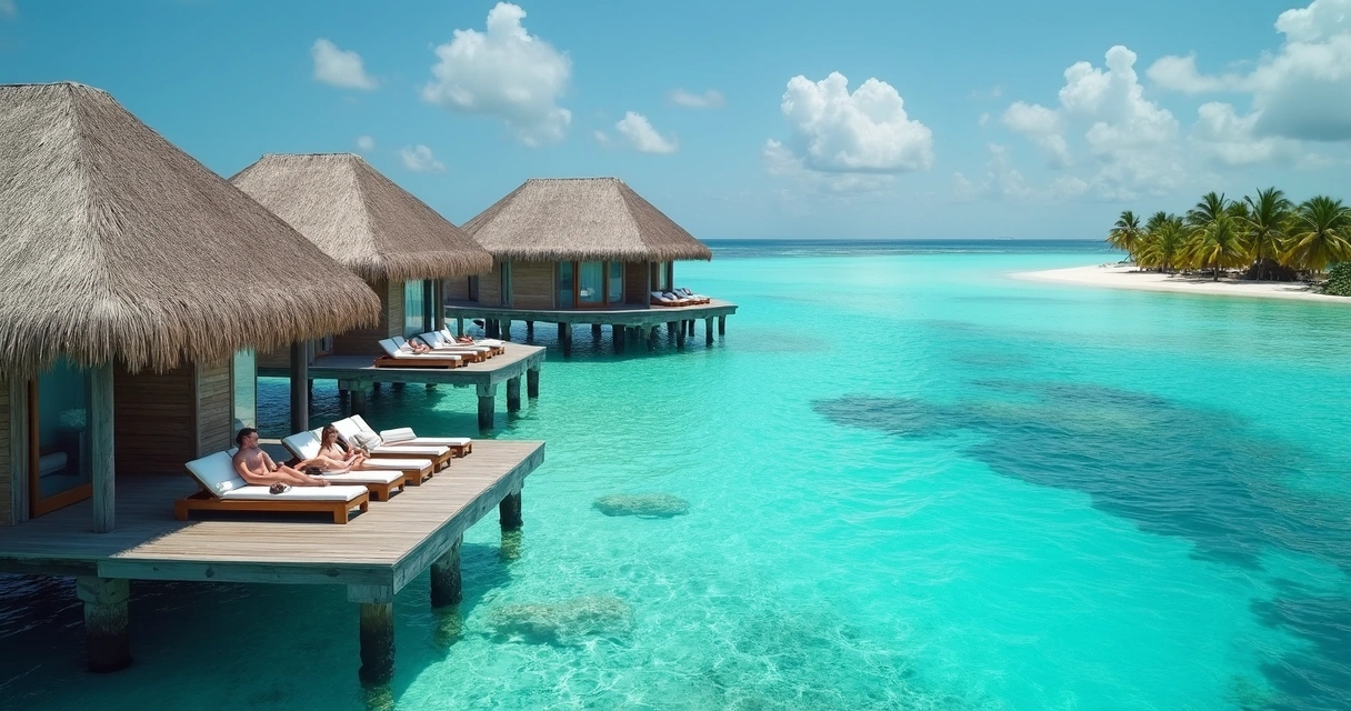 Bangalôs sobre a água azul-turquesa nas Maldivas com casal relaxando 