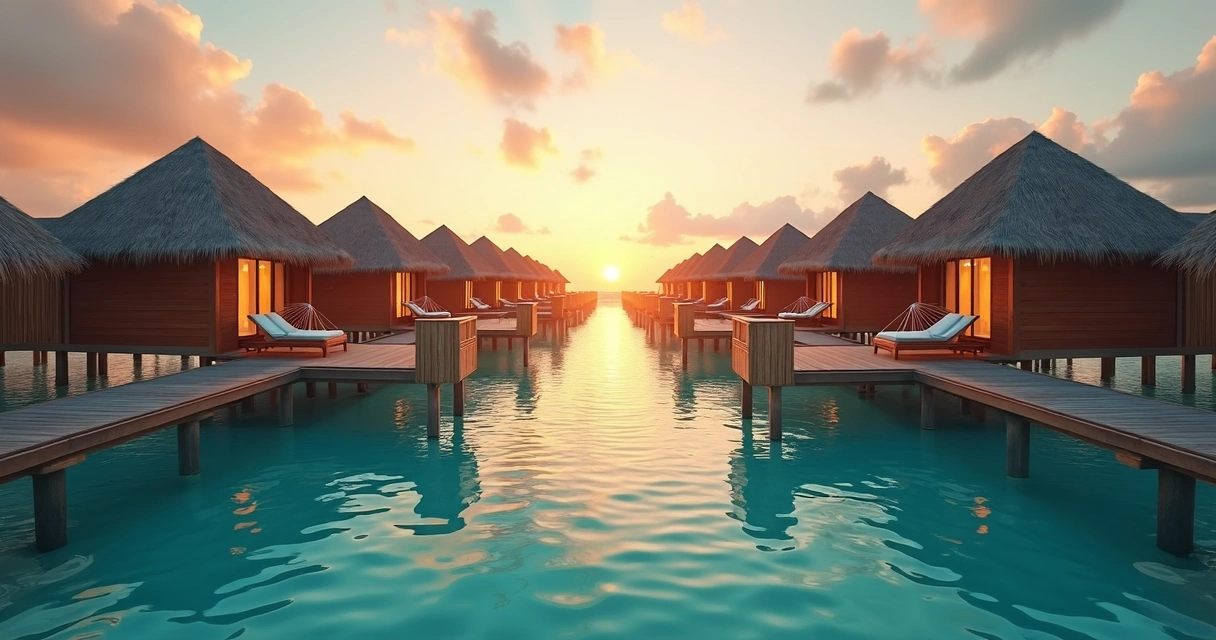 Bangalôs sobre a água nas Maldivas ao pôr do sol 