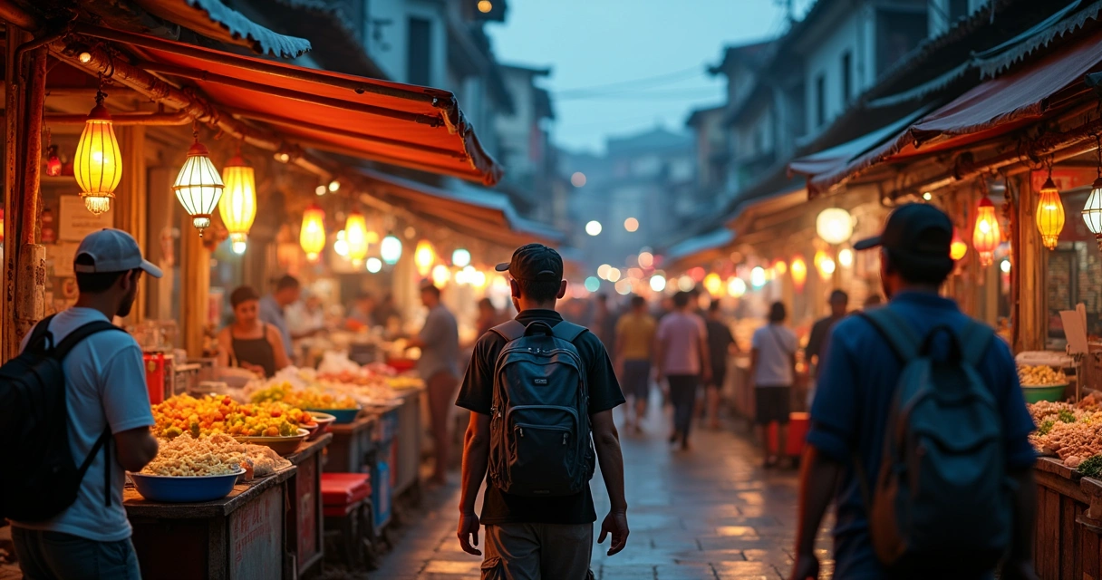 Bustling street market at night with vendors and colorful lights 