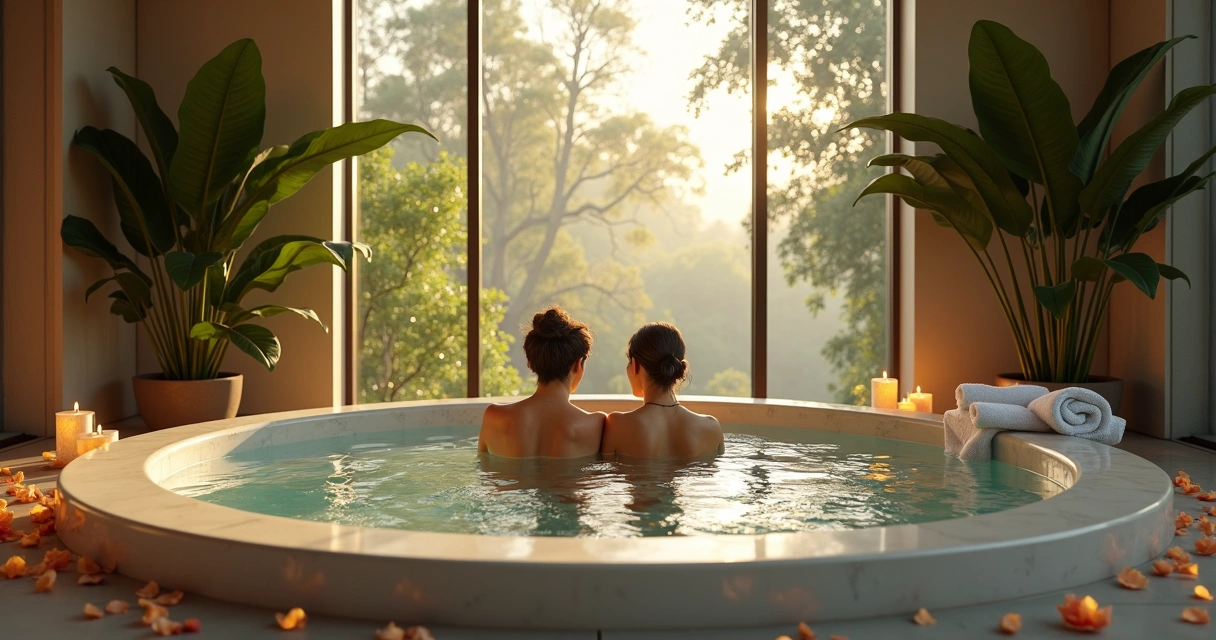 Casal relaxando em banheira de hidromassagem em spa de luxo 