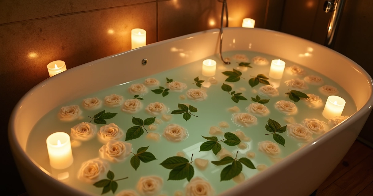 Banheira com água morna, pétalas de rosas brancas, velas acesas ao redor e folhas de ervas flutuando 