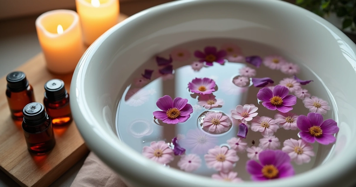Banheira com flores e frascos de óleos aromáticos ao lado 