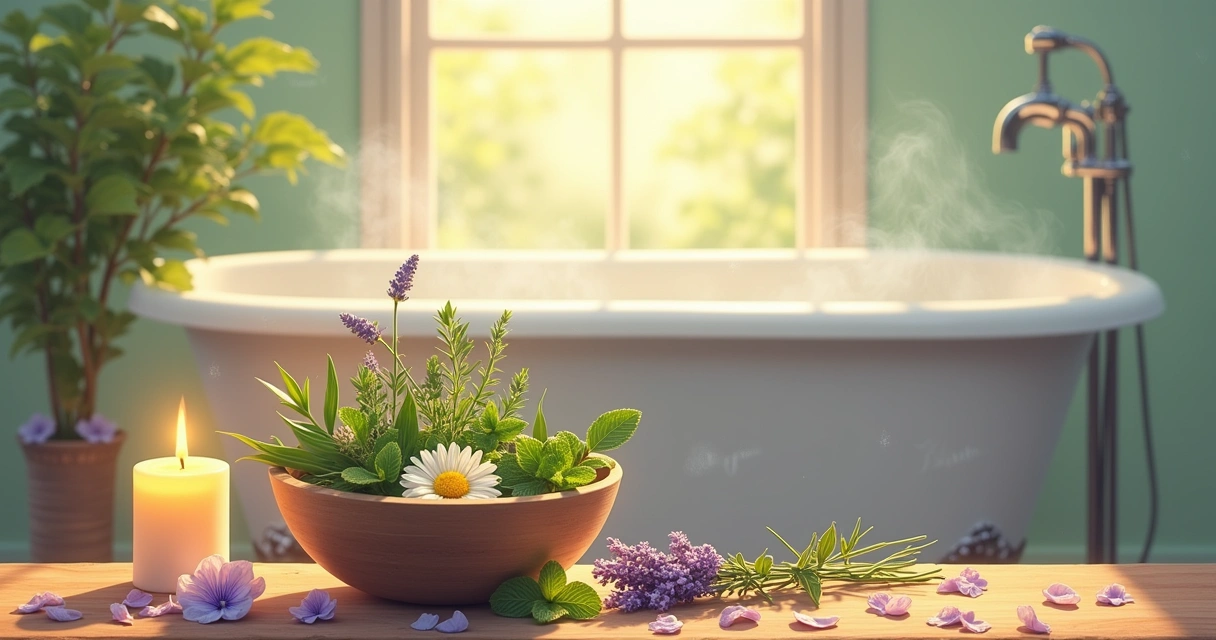 Ambiente de banheiro sereno com ervas frescas como camomila, arruda e lavanda em um bowl.