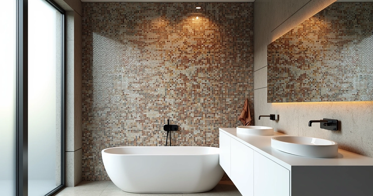 Banheiro moderno com parede de pastilhas coloridas 