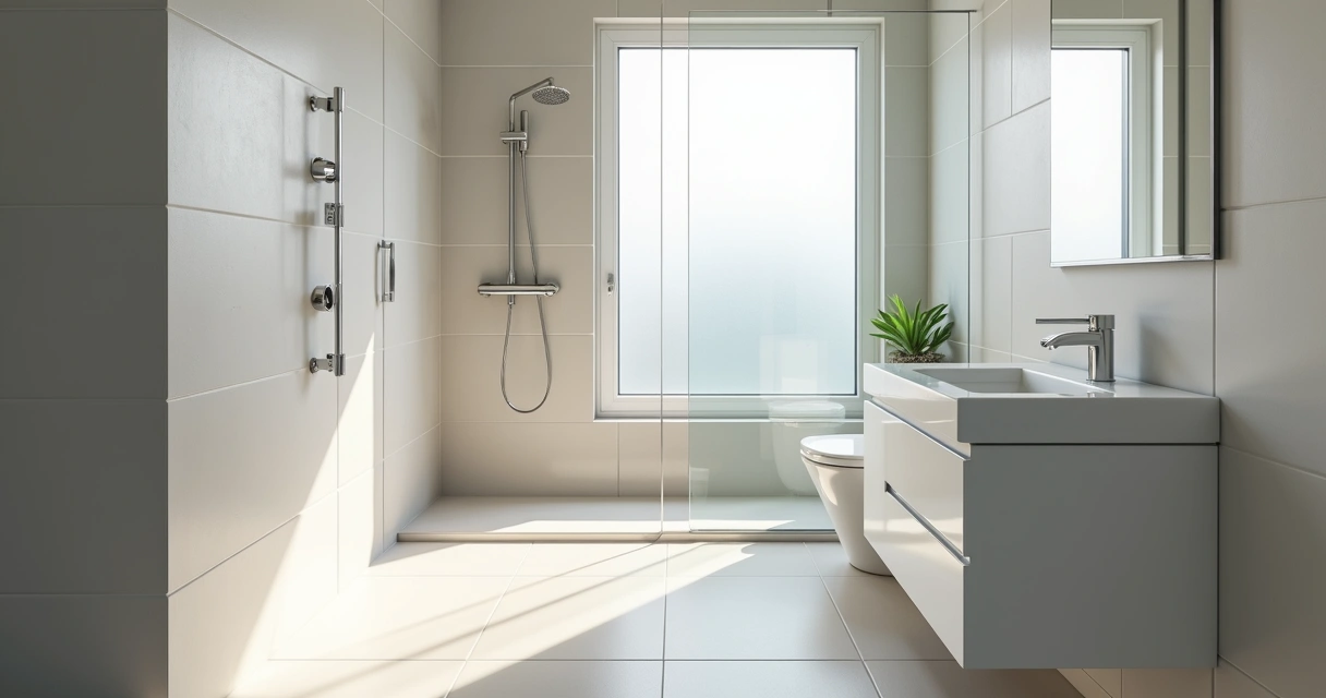 Banheiro pequeno com porcelanato claro e metais cromados 