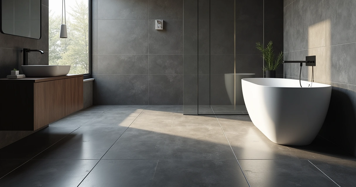 Banheiro com revestimento escuro e rejunte claro 