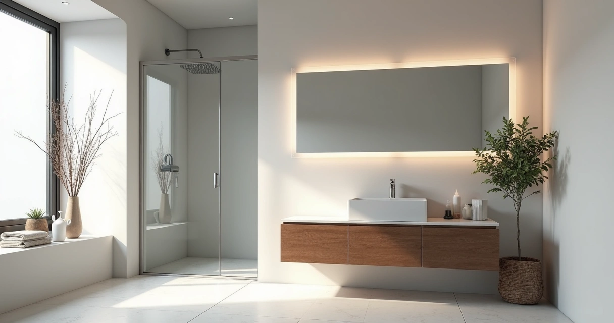 Banheiro com box de vidro, pia branca e espelho grande