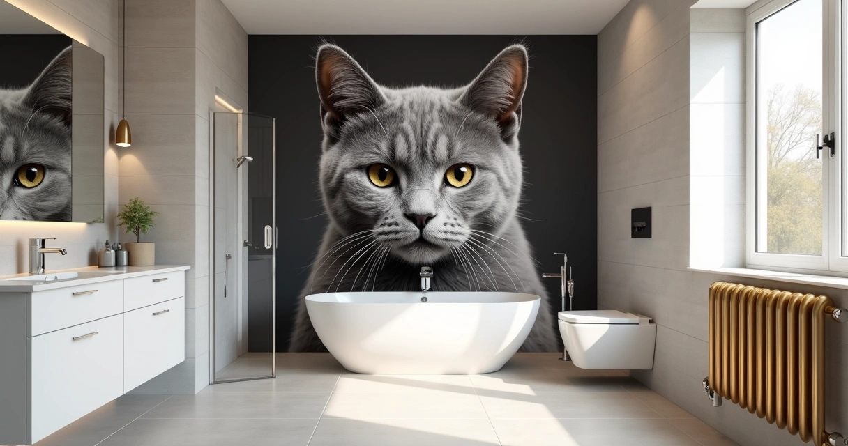 Banheiro escocês com grande mural de gato em parede inteira 