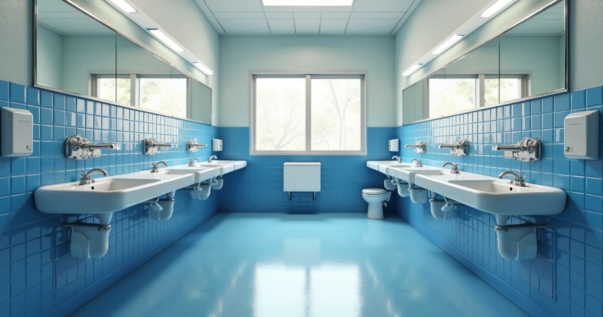 Banheiro escolar brilhando, sem manchas 