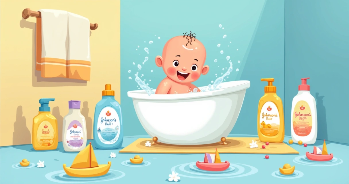Banheiro infantil com bebê tomando banho, rodeado por frascos de shampoo de marcas confiáveis e brinquedos coloridos.