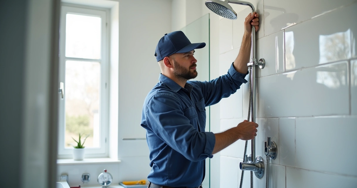 Profissional instalando um chuveiro no banheiro moderno 