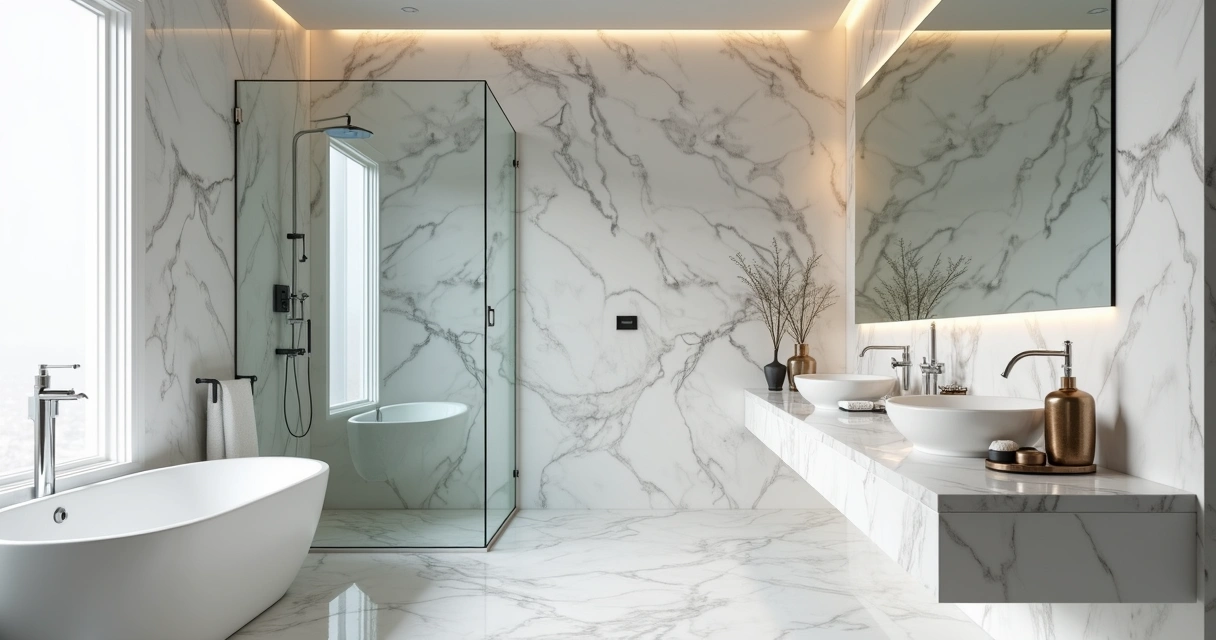 Banheiro moderno com paredes e bancada em mármore Carrara Estatuário 