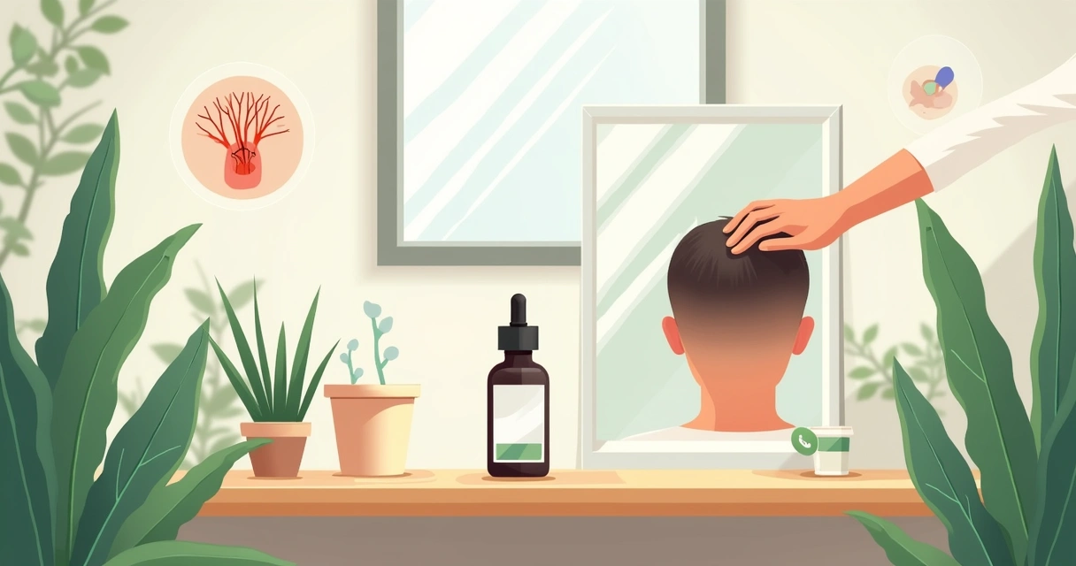 Ilustração de um banheiro calmo com um frasco de minoxidil e uma mão aplicando no couro cabeludo.
