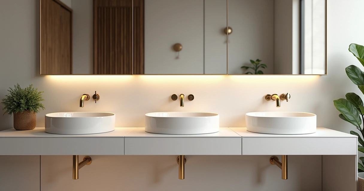 Banheiro moderno com diferentes tipos de cubas em destaque. 