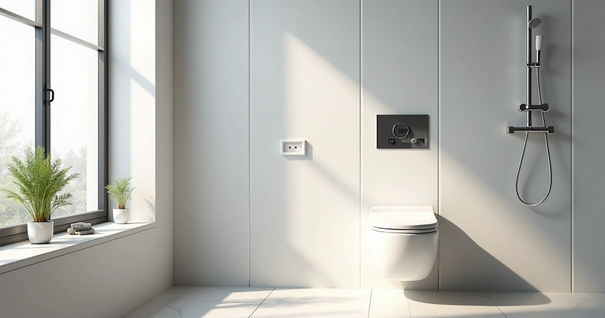 Banheiro moderno com ducha higiênica ao lado do vaso 