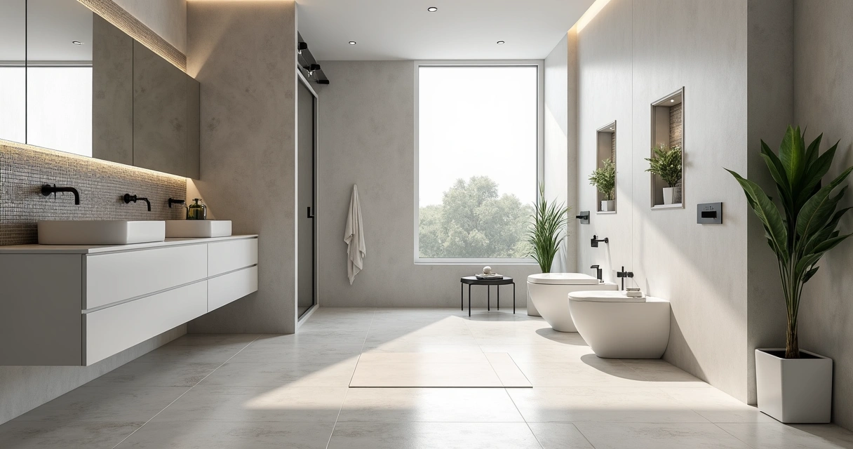 Banheiro com revestimento porcelanato e detalhes em pastilhas 