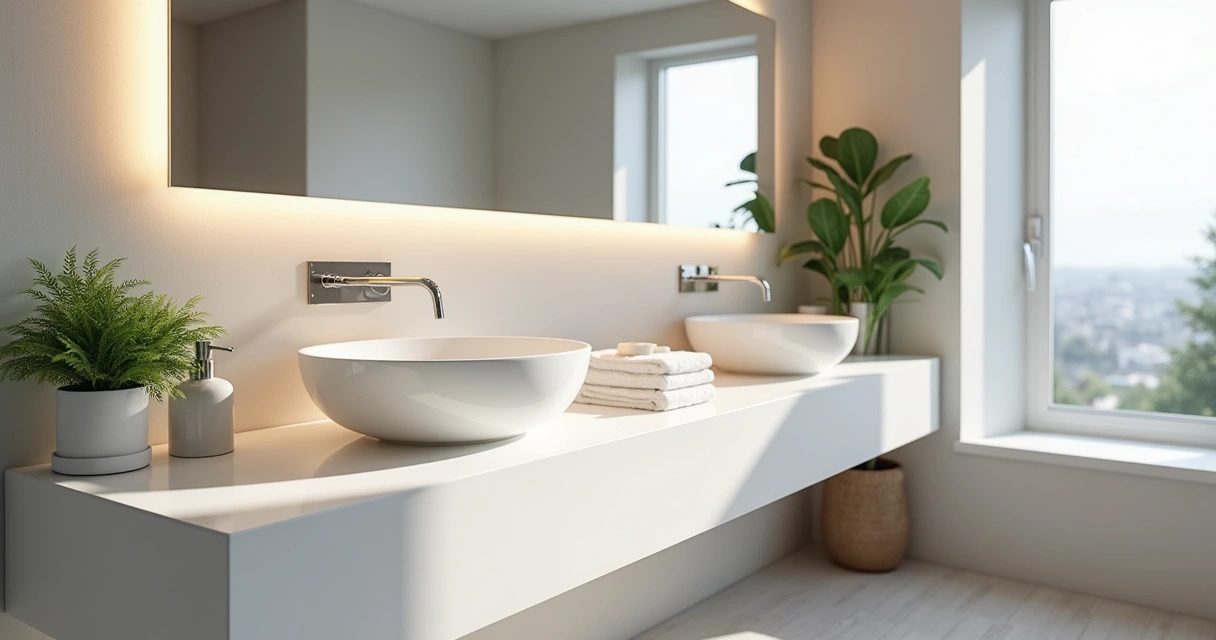 Banheiro moderno com bancada de quartzo branco e cuba de apoio arredondada 