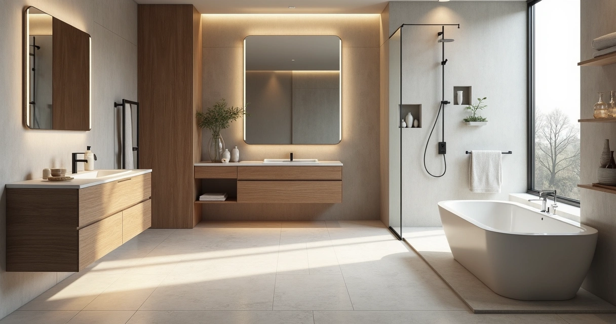 Banheiro moderno com porcelanato e detalhes em madeira 