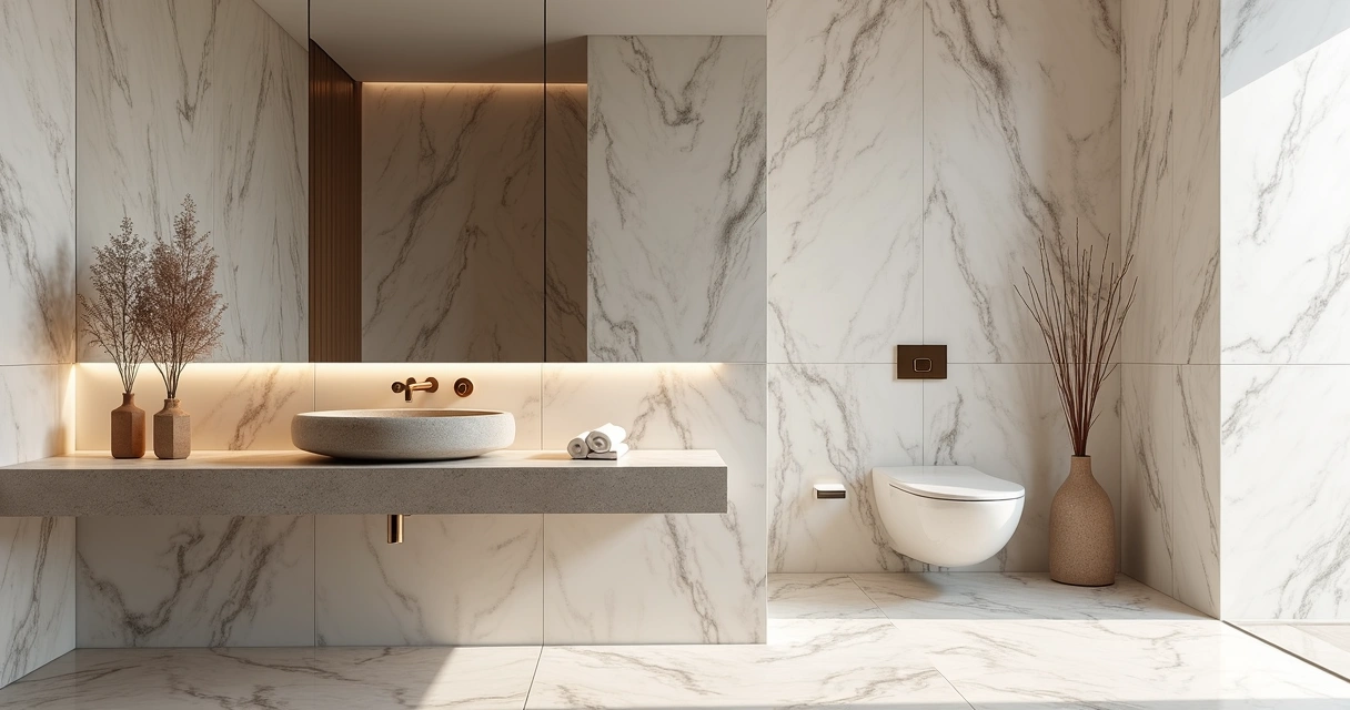 Banheiro com mosaico de mármore e espelho 