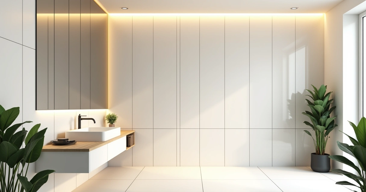 Banheiro elegante com placa 3D cerâmica na parede e iluminação suave