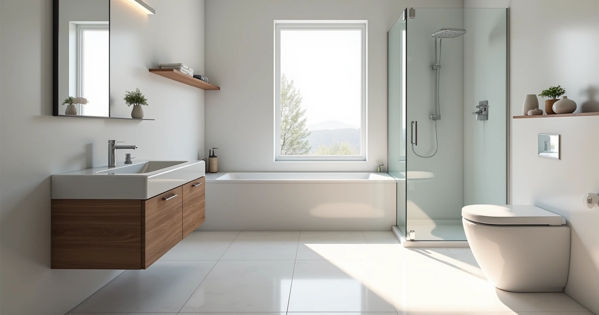 Banheiro pequeno claro com porcelanato e iluminação natural 