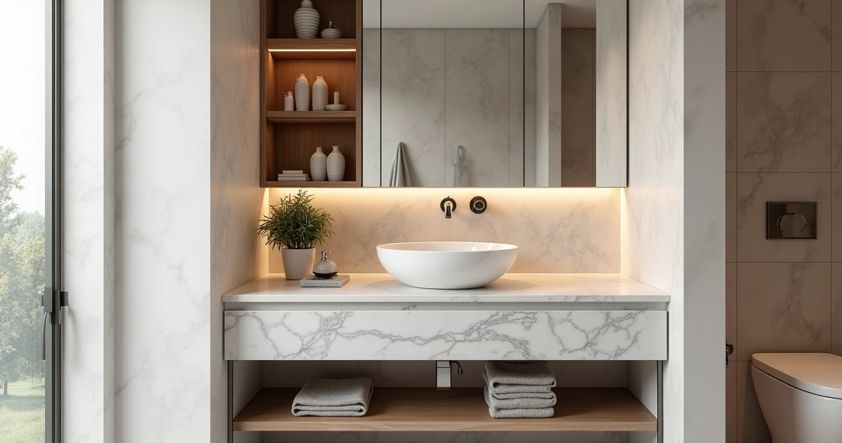 Banheiro pequeno com cuba de sobrepor e bancada de mármore claro 