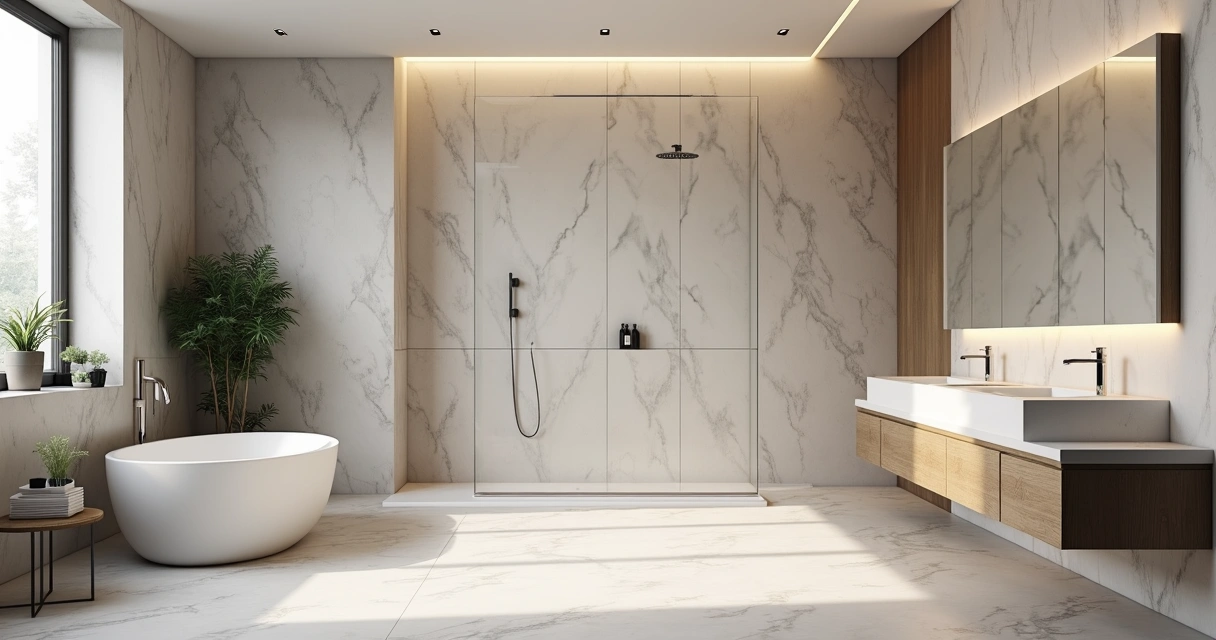 Banheiro moderno com parede de porcelanato grande formato e detalhes minimalistas 