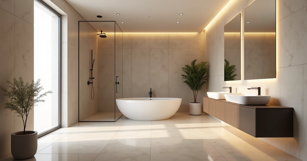 Banheiro moderno revestido com porcelanato polido claro 