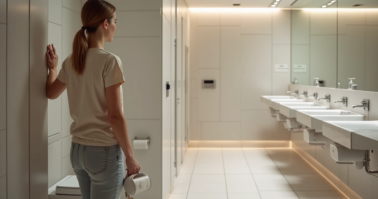 Mulher em banheiro público limpo usando proteções higiênicas em cabine individual 