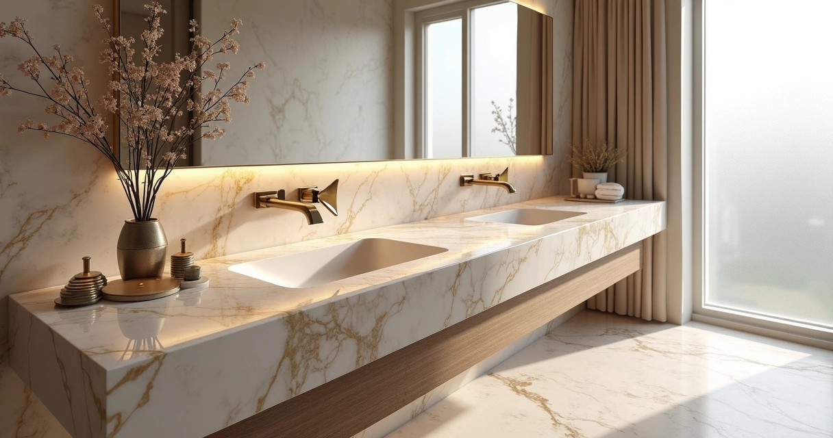 Banheiro elegante com bancada de Taj Mahal 