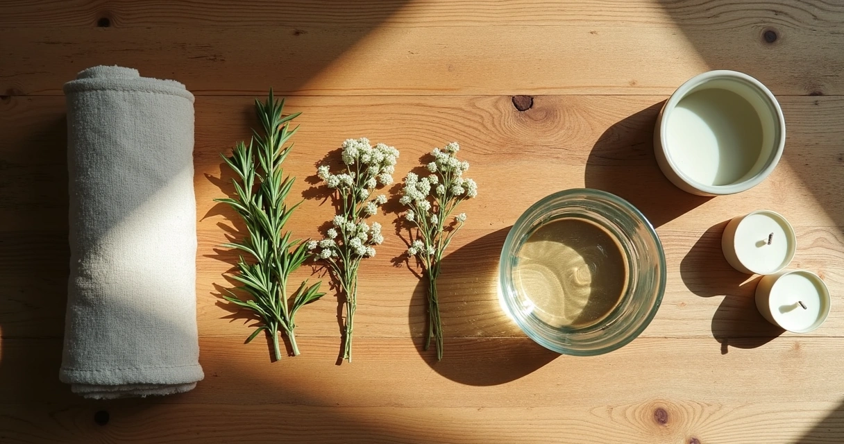 Ingredientes para banho de alecrim e camomila em mesa de madeira 