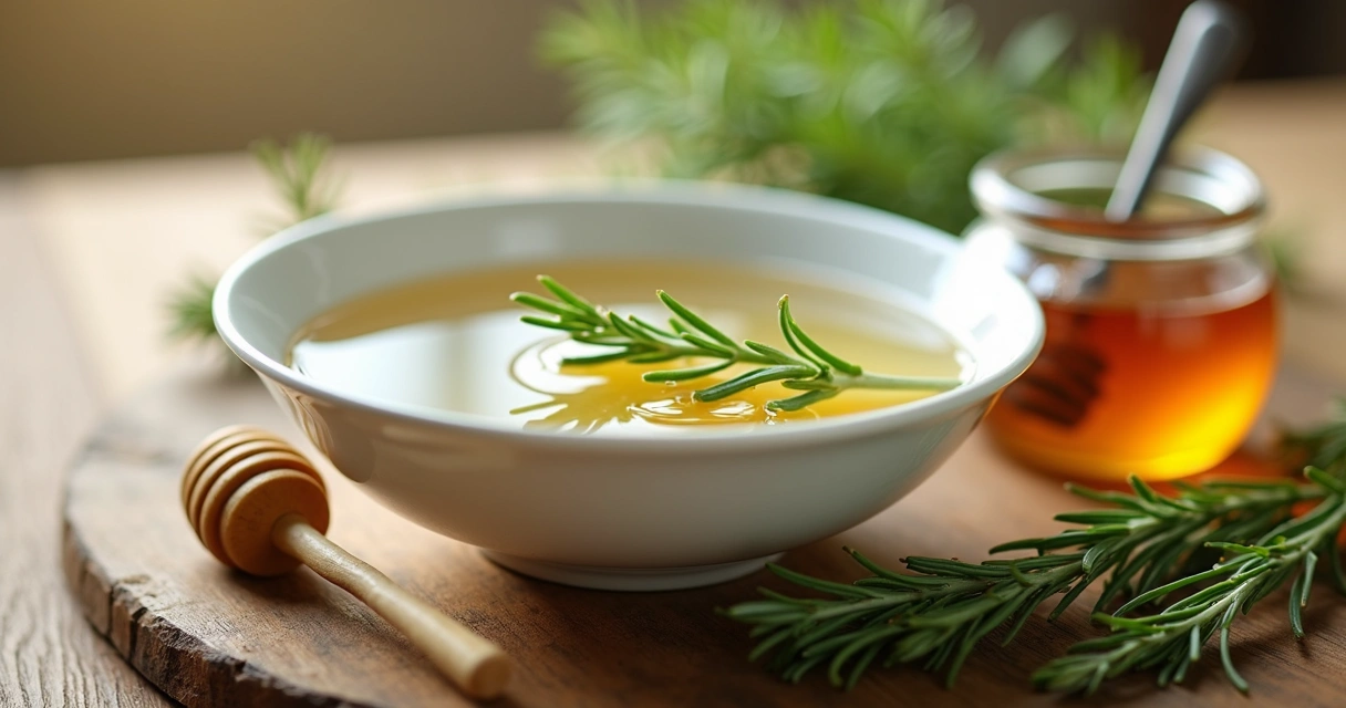 Banho de alecrim e mel em tigela branca com ervas ao redor 