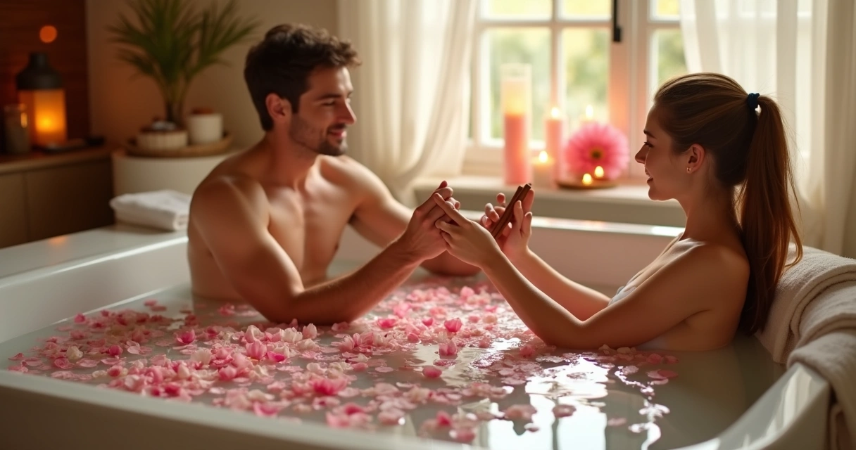 Casal preparando banho energizante com flores em banheiro 