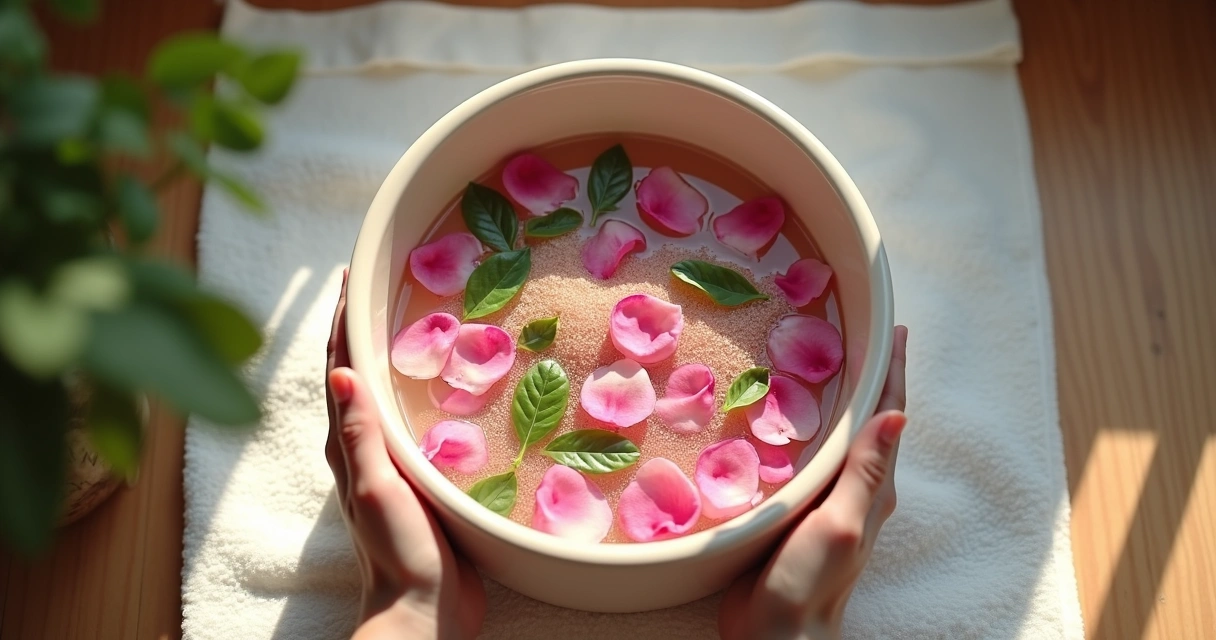 Bacia com rosas, manjericão e água para banho ritual 