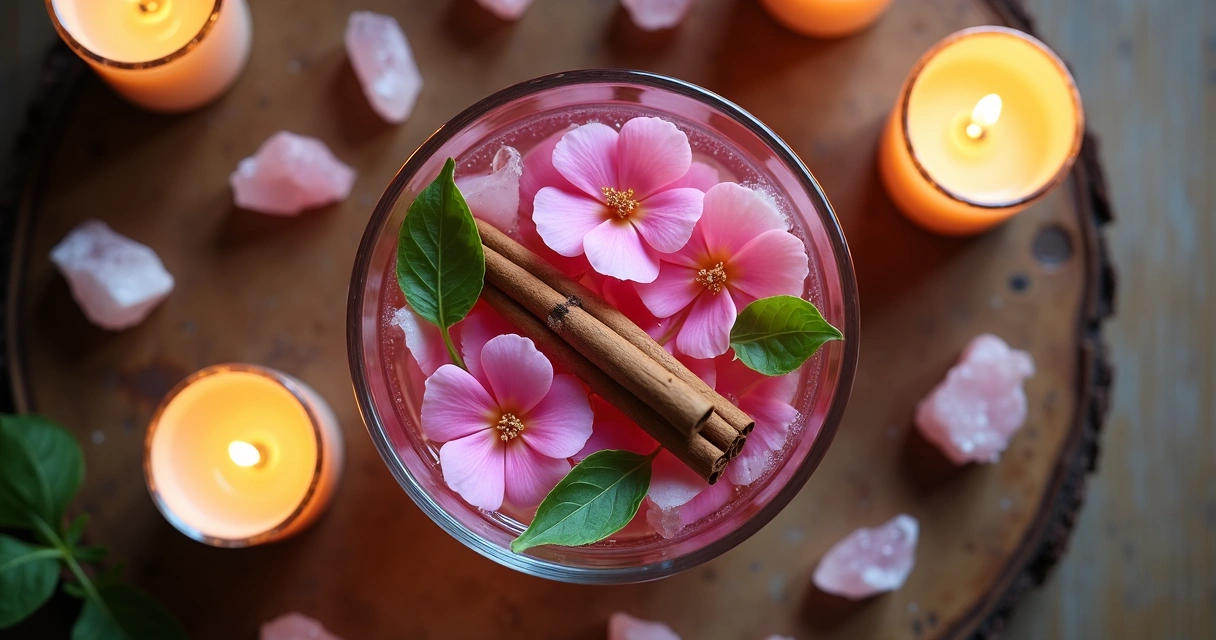 Banho mágico com rosas e ervas em recipiente de vidro 