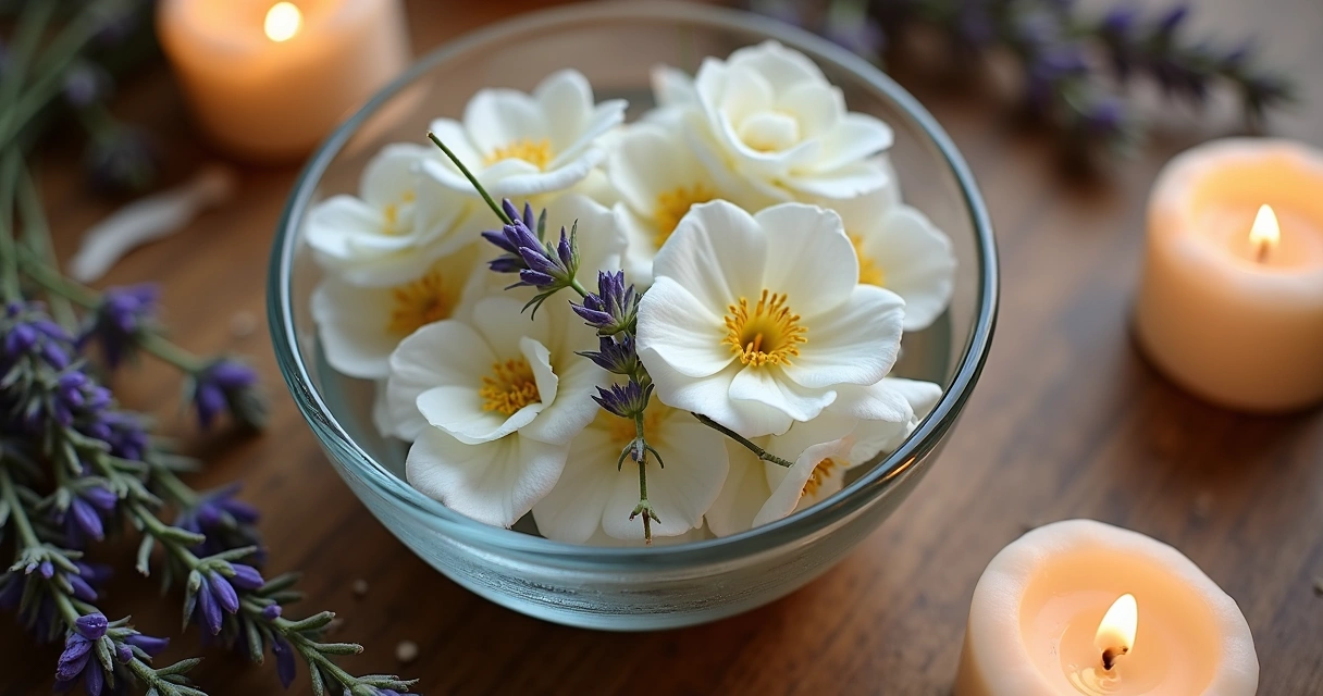 Banho energético de rosas brancas e alfazema com velas ao redor 