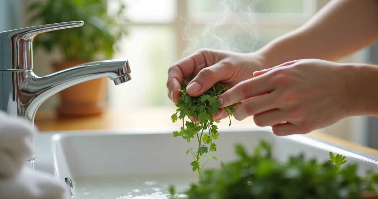 Pessoa preparando ervas para banho em pia limpa, de maneira cuidadosa, com toalha branca e pouco vapor 