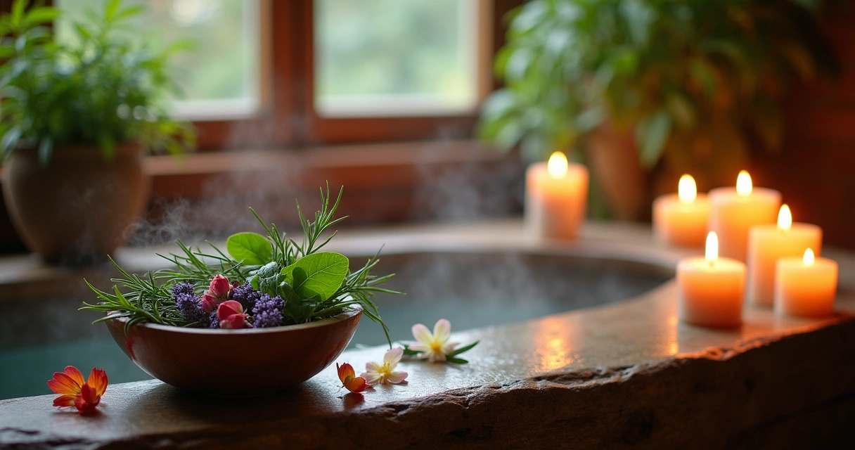 Banho aromático com ervas frescas como alecrim e lavanda, pétalas de rosa e velas em um banheiro sereno.
