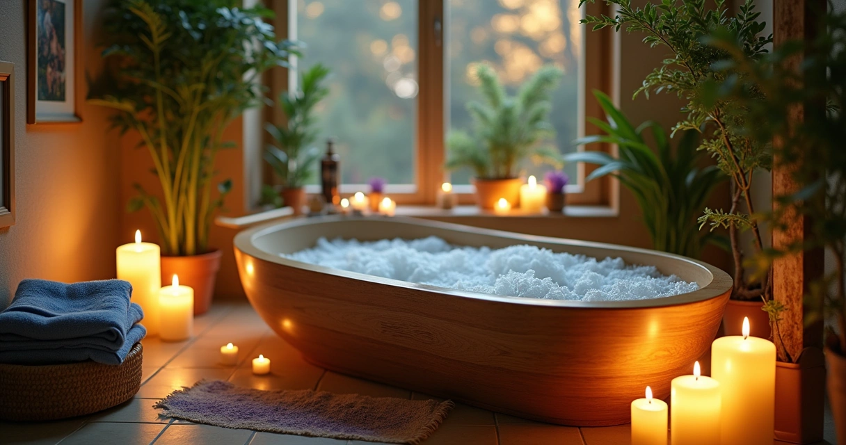 Banheira decorada com luz suave, velas, e difusores, criando uma atmosfera relaxante e acolhedora.