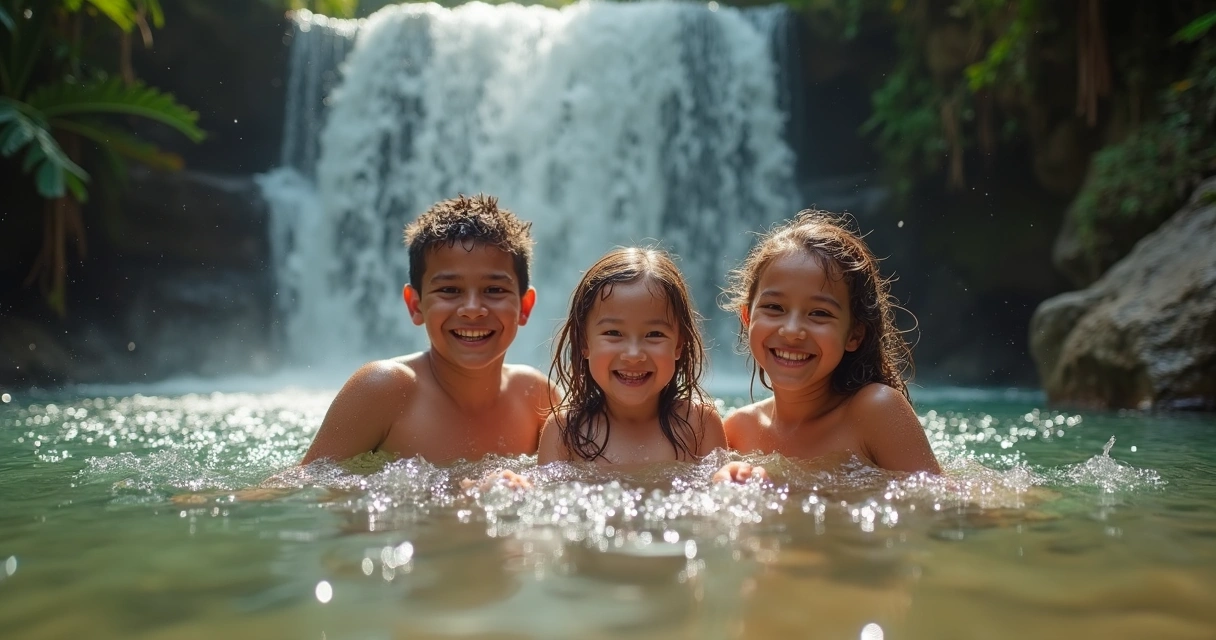 Família tomando banho de cachoeira em fazenda baiana